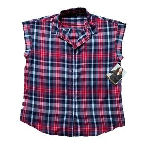 Plaid Button Down Polo with Cap Sleeves